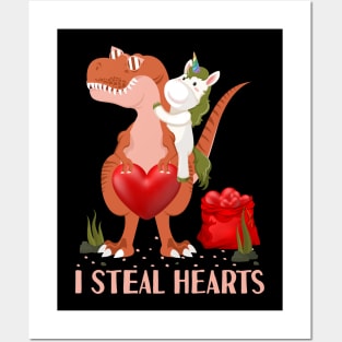 Valentines Day Dinosaur I Steal Hearts Unicorn Riding T rex Posters and Art